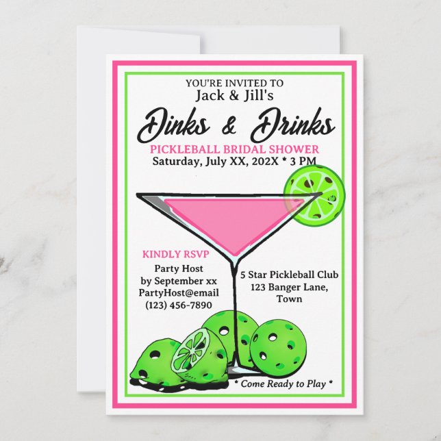 Pickleball Junggesellinnen-Abschied Dinks & Drinks Einladung (Vorderseite)