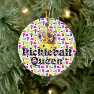 Pickleball-Königin Gelber Ball in Krone Bunt  Keramik Ornament