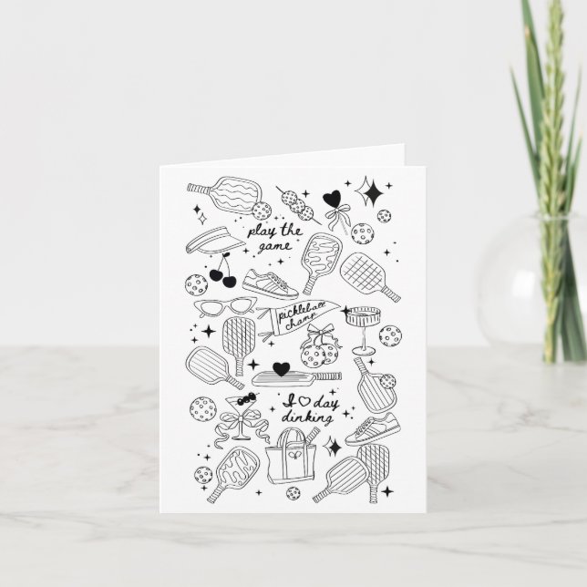 Pickleball-Kritzeleien in Schwarz auf Beige Retro- Karte (Vorderseite)