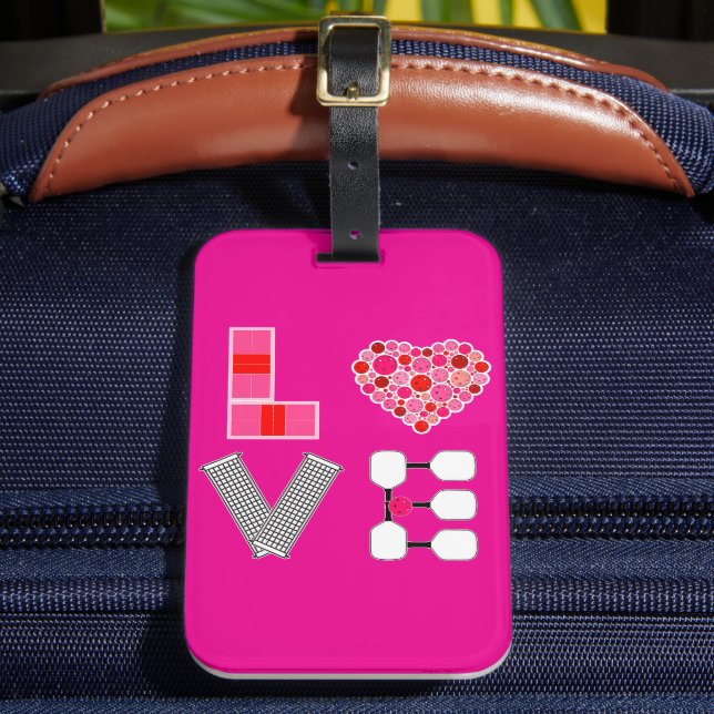 Pickleball Liebe Heart Court Balls Paddle Rosa Gepäckanhänger (Vorderseite Insitu 2)