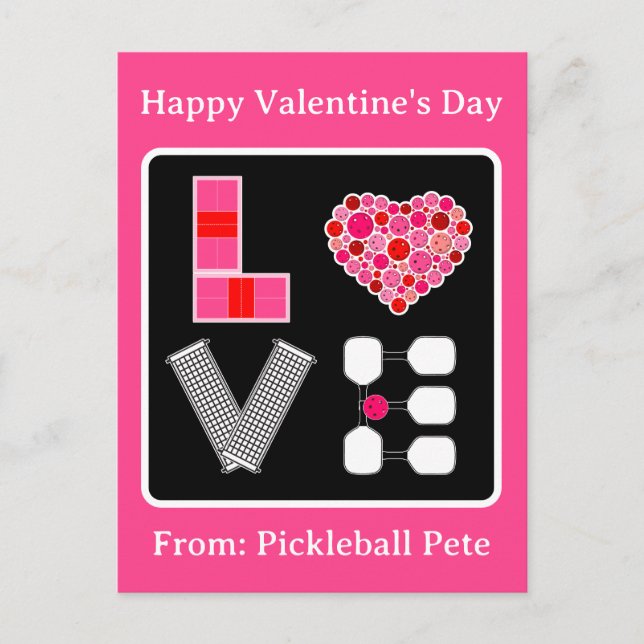 Pickleball Love Heart Court Balls Paddles Pink Red Postkarte (Vorderseite)