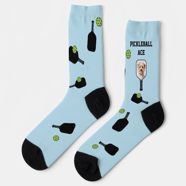 Pickleball Muster Foto Blau Personalisiert Socken (Linkes Detail)