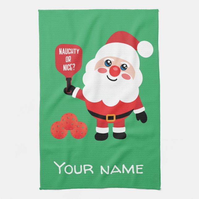 Pickleball Naughty oder nice Santa Green Geschirrtuch (Vertikal)