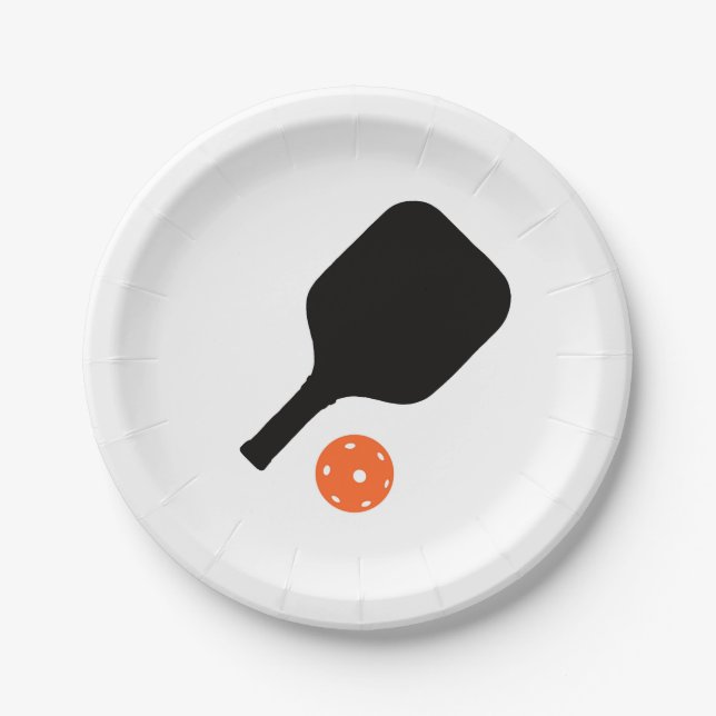 Pickleball-Paddel und orangefarbenes Pickleball Pappteller (Vorderseite)