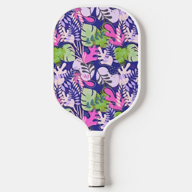 Pickleball Paddle: Abstrakte Blätter (blau/fuchsie Pickleball Schläger (Vorderseite)