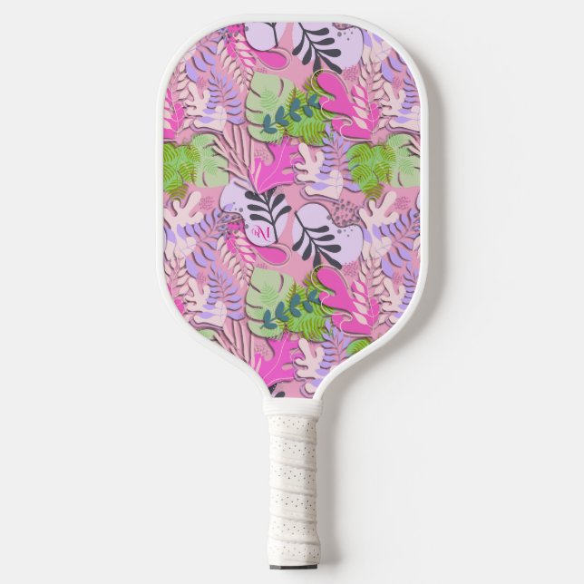Pickleball Paddle: Abstrakte Blätter (rosa/lila) Schläger (Vorderseite)