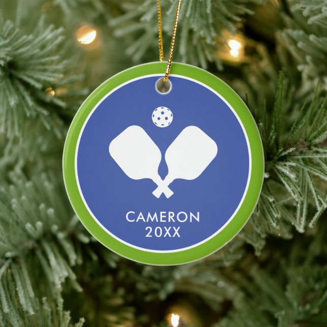 Pickleball-Paddle-Logo Blau Grün Personalisiert Keramik Ornament (Baum)