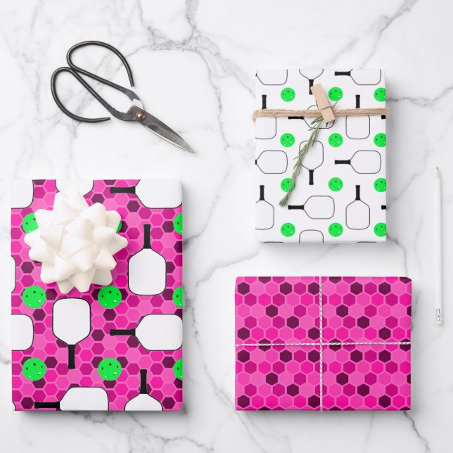 Pickleball Paddle - Magenta Honeycomb Hexagons Geschenkpapier Set (Vorderseite)