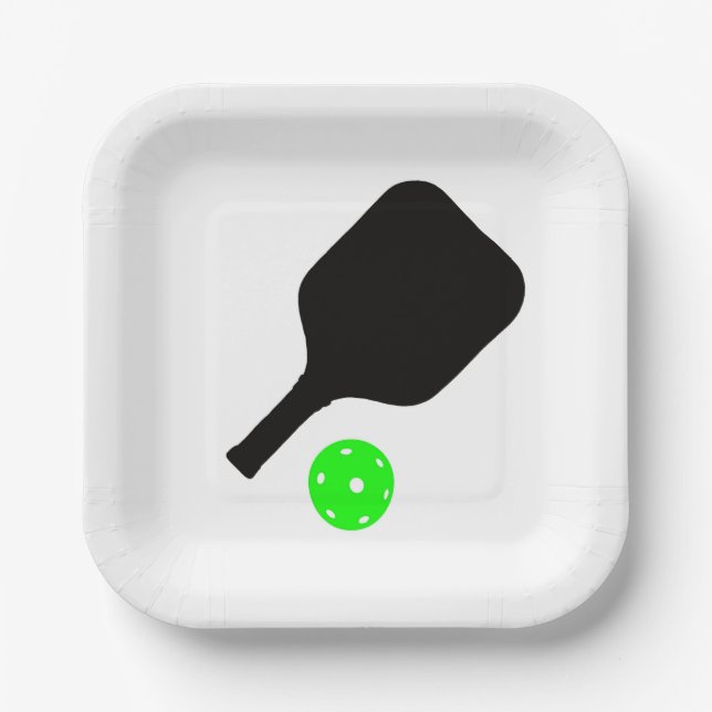 Pickleball-Paddle und grüne Bälle Pappteller (Vorderseite)