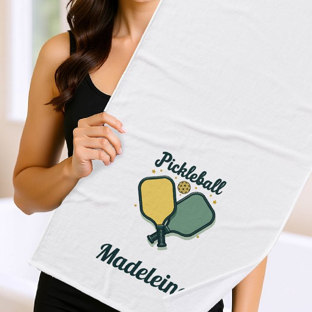 Pickleball Paddles Green Script Personalisiertes G Badehandtuch (pickleball gift personalized towel paddles ball name retro calligraphy modern vintage chic)