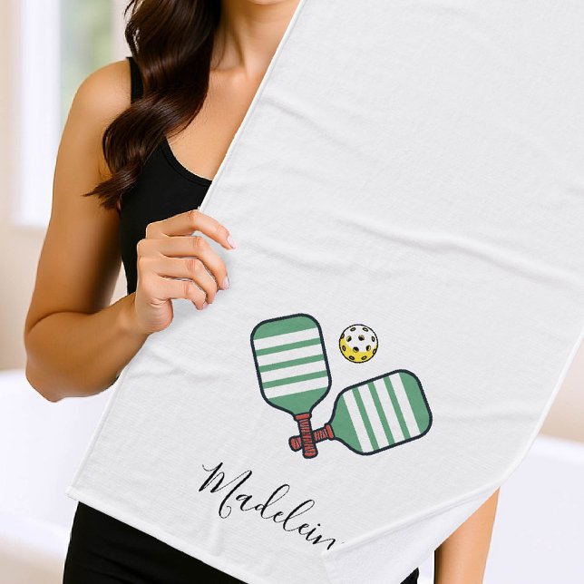 Pickleball Paddles Grüne Streifen Personalisiertes Badehandtuch (pickleball gift personalized towel paddles ball name calligraphy modern chic)
