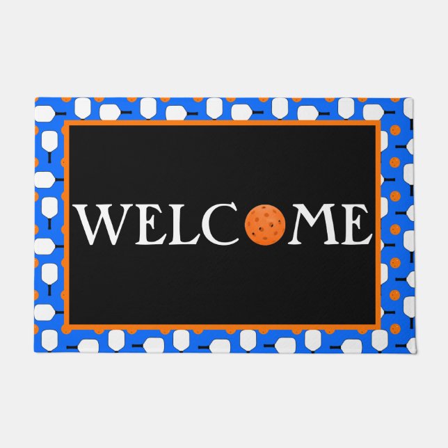 Pickleball Paddles Orange Pickleballs Blauer Empfa Fußmatte (Vorderseite)