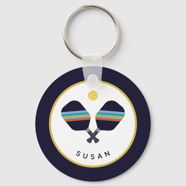 Pickleball Paddles Personalisierter Name Blau Gelb Schlüsselanhänger (Vorderseite)