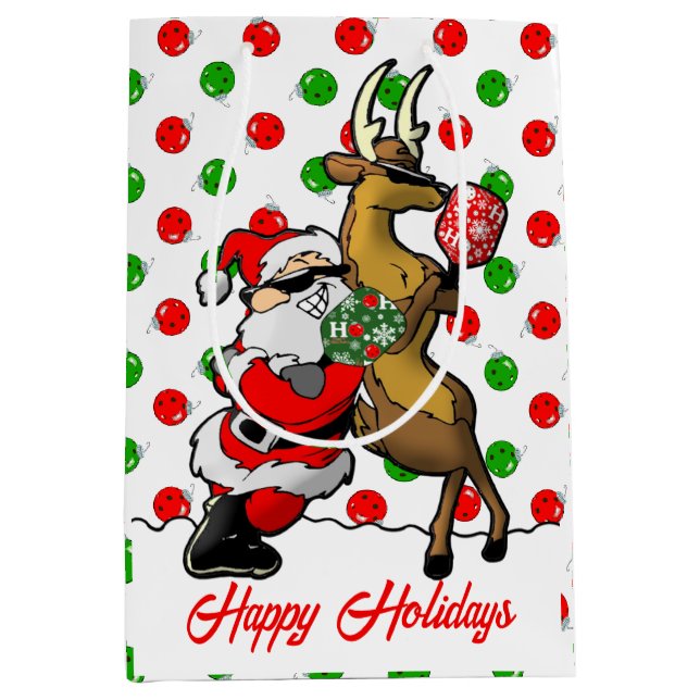 Pickleball Partner Santa & Rentier Ornamente Mittlere Geschenktüte (Vorderseite)