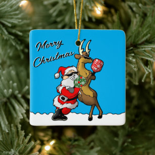 Pickleball Partners Santa & Reindeer Sleighing It Keramikornament