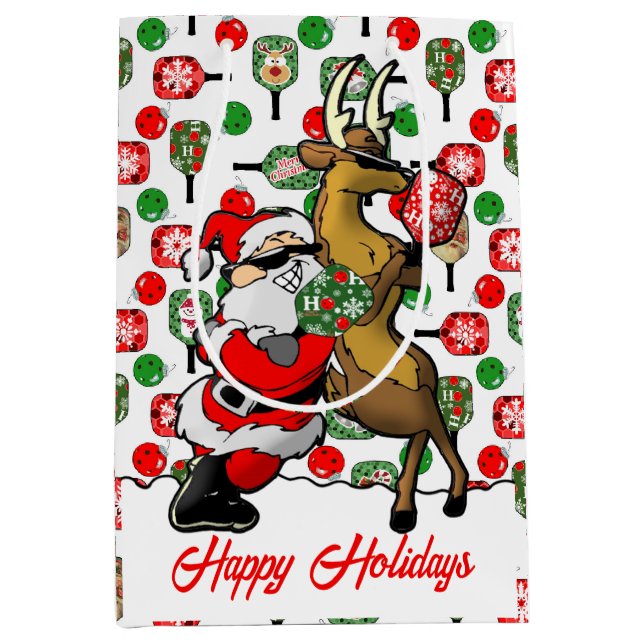 Pickleball Partners Santa & Reindeer Sleighing It Mittlere Geschenktüte (Vorderseite)