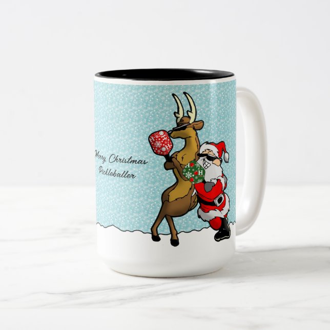 Pickleball Partners Santa & Reindeer Sleighing It Zweifarbige Tasse (VorderseiteRechts)