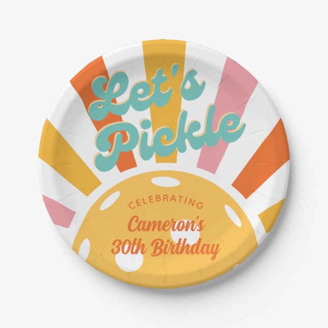 Pickleball Party Farbenfrohe Retro Sonnenstrahlen  Pappteller (Vorderseite)