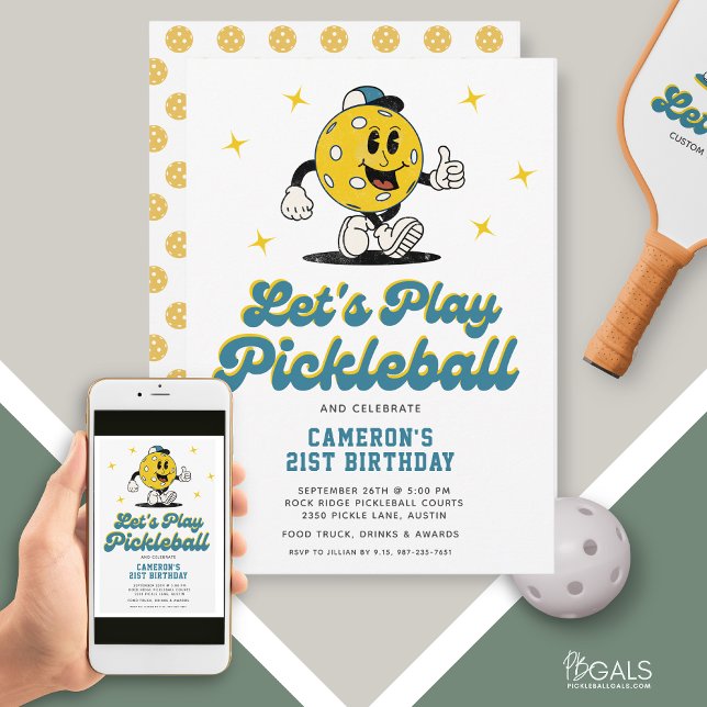 Pickleball Party Funny Pickleball Cartoon Mascot Einladung (Von Creator hochgeladen)