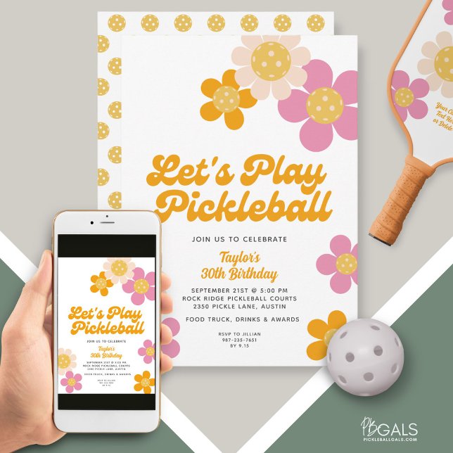 Pickleball Party Groovy Retro Rosa Orange Blume Einladung (Von Creator hochgeladen)