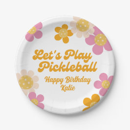 Pickleball Party Groovy Retro Rosa Orange Blume Pappteller