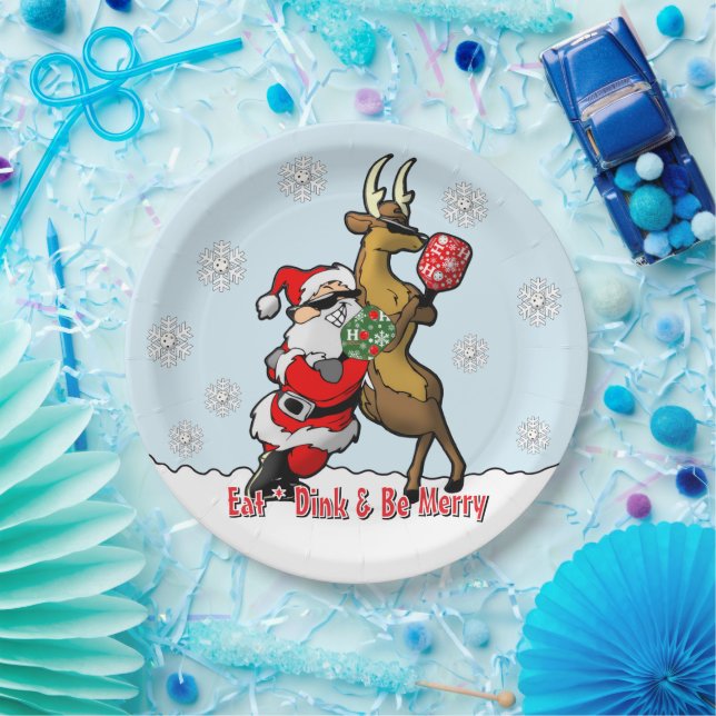 Pickleball Party Santa Reindeer Snowflakes Pappteller (Party)