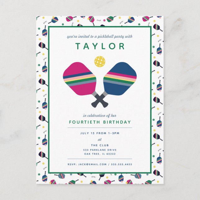 Pickleball Party Sports Blue Green Einladung Post Postkarte (Vorderseite)
