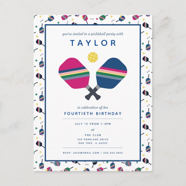 Pickleball Party Sports Blue Green Einladung Postkarte (Vorderseite)