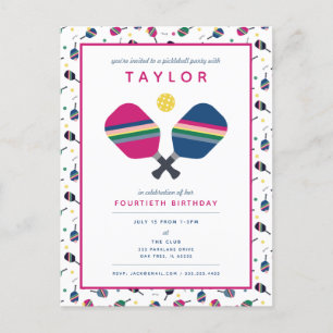 Pickleball Party Sports Blue Pink Einladung Postkarte