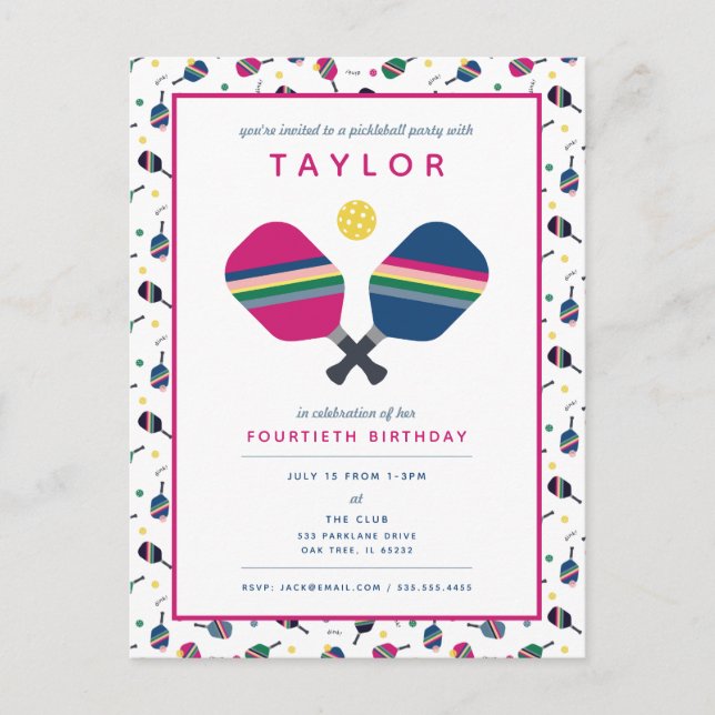 Pickleball Party Sports Blue Pink Einladung Postkarte (Vorderseite)