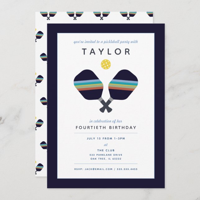 Pickleball Party Sports Dark Blue Strip Paddles Einladung (Vorne/Hinten)