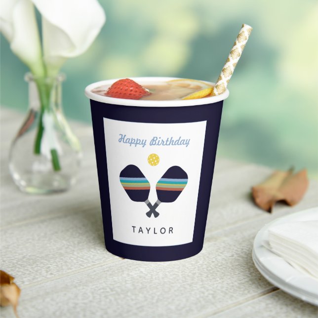 Pickleball Party Sports Dark Blue Strip Paddles Pappbecher (In Situ)