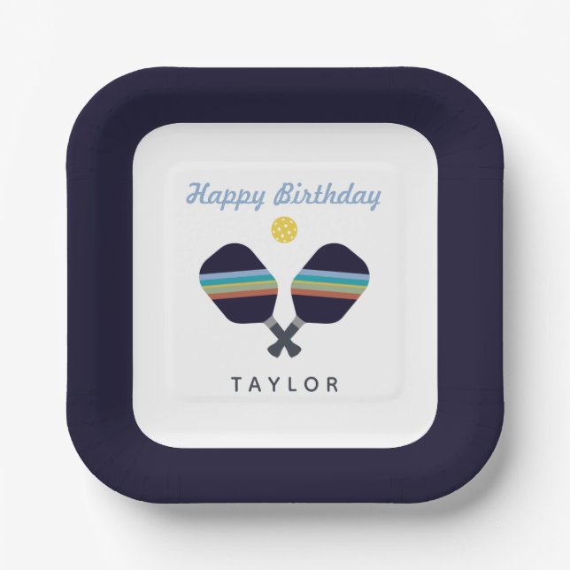 Pickleball Party Sports Dark Blue Strip Paddles Pappteller (Vorderseite)