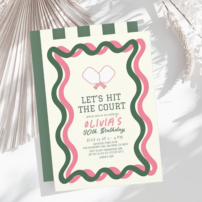 Pickleball Pink & Green Streifen Erwachsene Geburt Einladung (Von Creator hochgeladen)