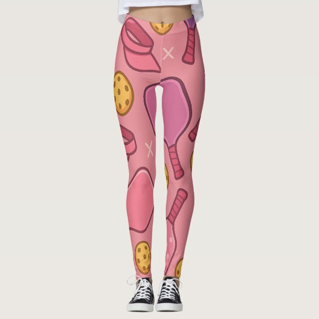 Pickleball Pink Paddle Muster Sportsndige Leggings (Vorderseite)