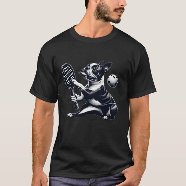 Pickleball Player Boston Terrier Bostie Dog Puppy T-Shirt (Vorderseite)