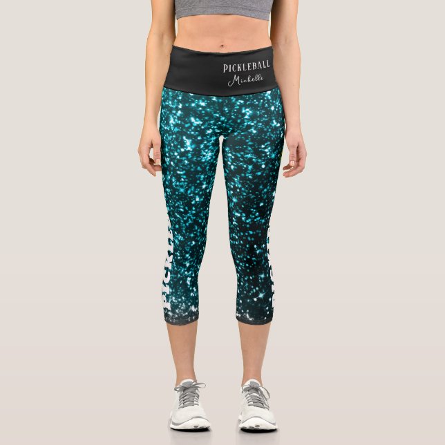 Pickleball Player Personalisiert Black Blue Glitze Capri Leggings (Vorderseite)