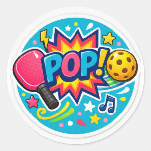 „Pickleball POP! Runde Aufkleber – Helle Comic-Opt