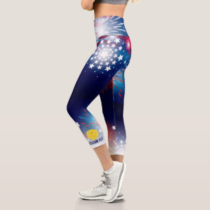 Pickleball Print Patriotic Fireworks Custom Text Capri Leggings