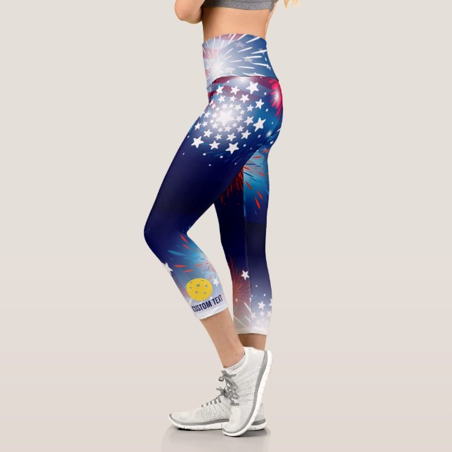 Pickleball Print Patriotic Fireworks Custom Text Capri Leggings (Links)