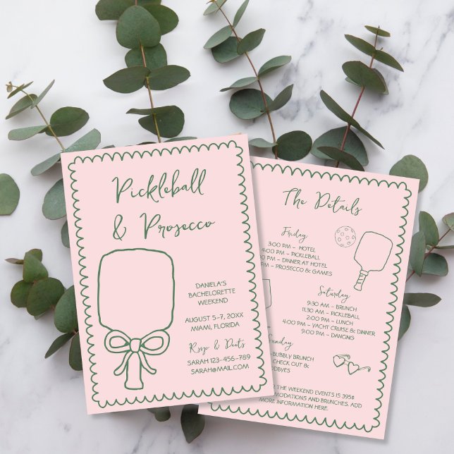 Pickleball & Prosecco Hand Drawn Bachelorette Einladung (Pickleball & Prosecco Hand Drawn Bachelorette Invitation)