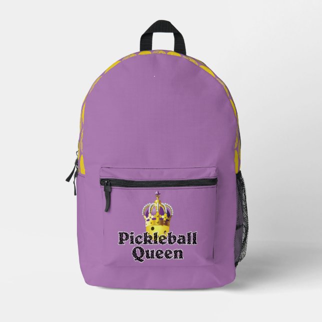 Pickleball Queen Yellow Ball Lila Goldkrone Bedruckter Rucksack (Vorderseite)