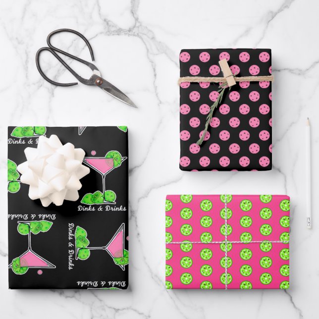 Pickleball Rosa Grüne Dinks & Drinks Cocktails Geschenkpapier Set (Vorderseite)