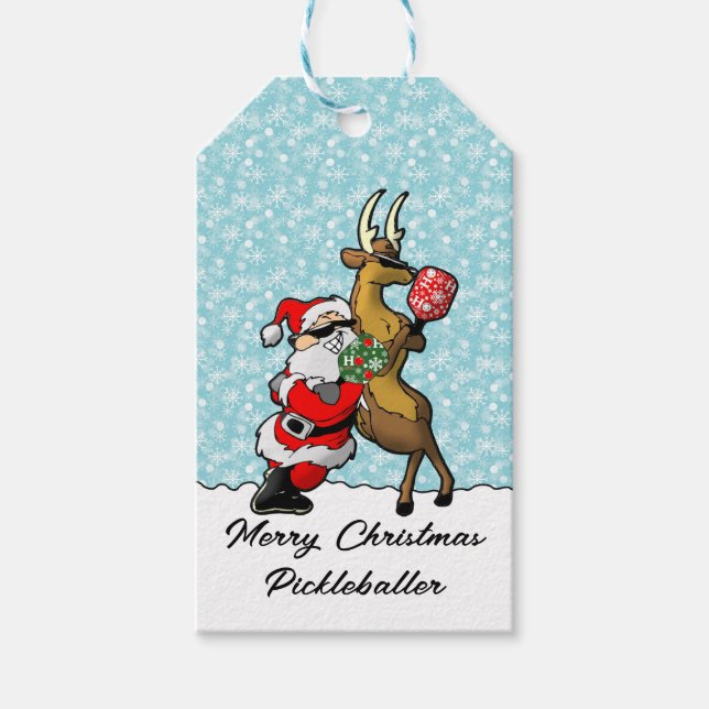 Pickleball Santa und Reindeer Sleighing It Geschenkanhänger (Vorderseite)