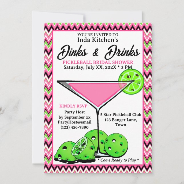 Pickleball Shower Dinks & Drinks Pink Chevron Einladung (Vorderseite)