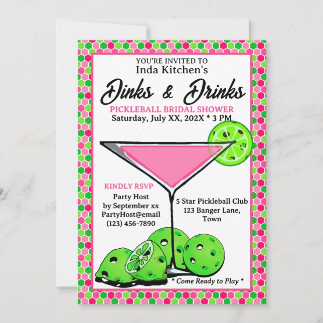 Pickleball Shower Dinks & Drinks Pink Honeycomb Einladung (Vorderseite)