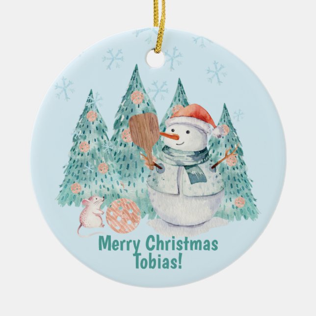 Pickleball Snowmen, minzige Weihnachten Keramik Ornament (Vorne)