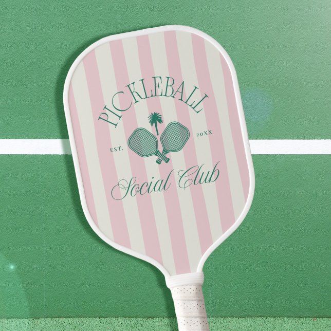 Pickleball Social Club Altes Geld Ästhetisches Pad Pickleball Schläger (old money aesthetic pickleball social club paddle with pink stripes)