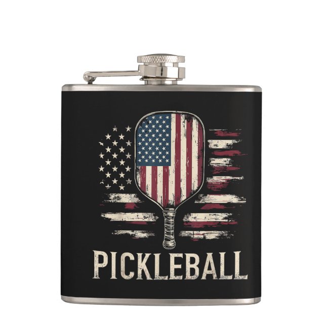 Pickleball-Spieler US-Flagge Retro-Paddleball Flachmann (Vorderseite)