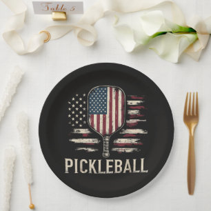 Pickleball-Spieler US-Flagge Retro-Paddleball Pappteller